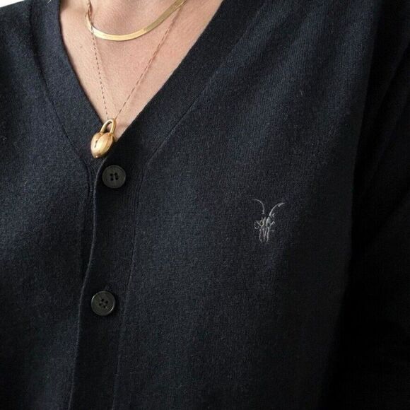 All Saints Womens Navy Blue 100% Wool Preppy Minimalist V Neck Cardigan Sz L - Picture 2 of 7